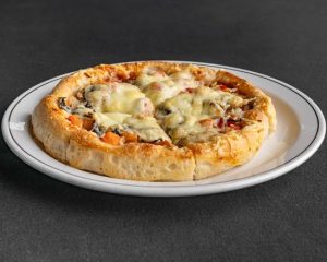 19. 8″ Small Ham, Onions, Tomatoes, and Mushrooms Pizza
